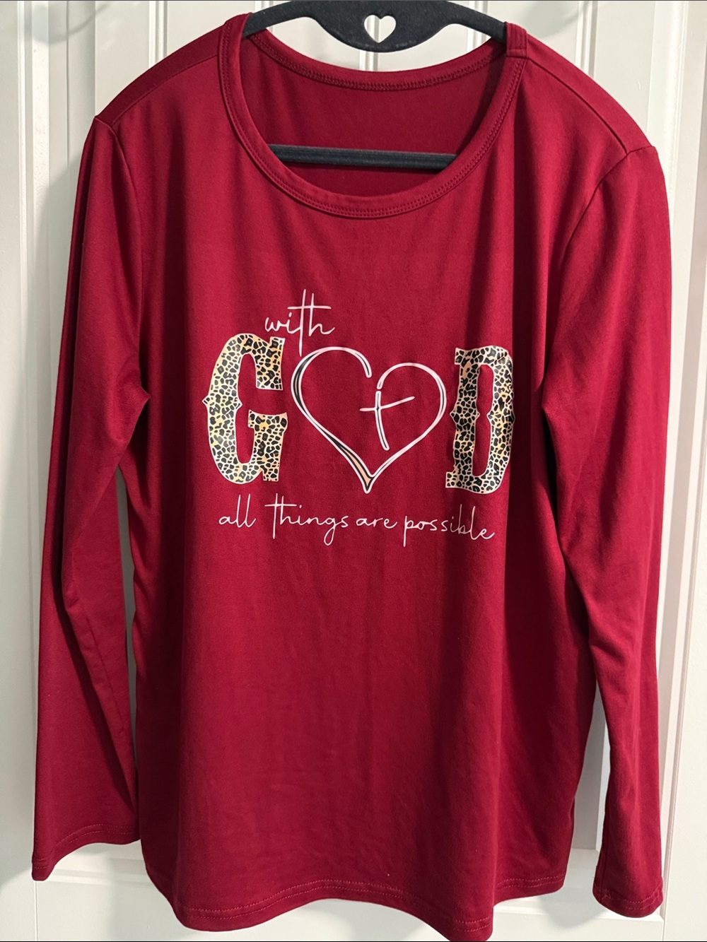 Burgundy Long Sleeve Graphic Tee with Leopard Accent
